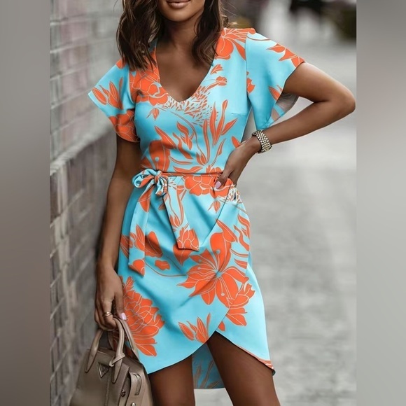 Dresses & Skirts - Plant Print V Neck Casual Asymmetrical Hem Tie Waist Dress